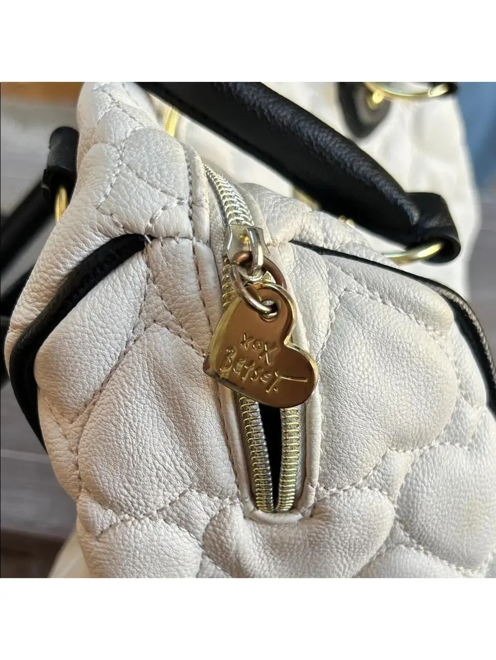 Betsey Johnson White Heart Quilted Satchel with Black Handles